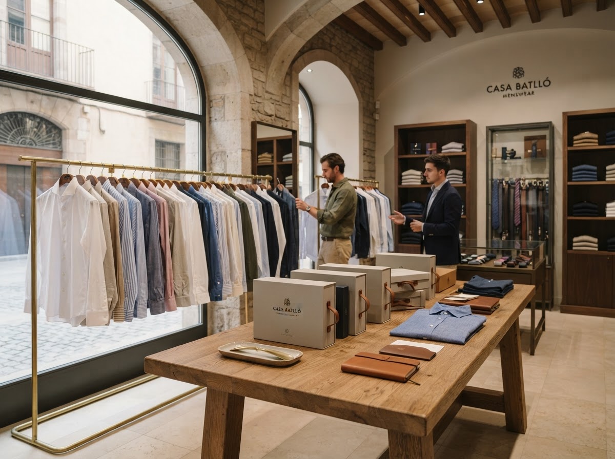 Interior de una tienda de moda premium con kits de producto sobre una mesa de madera